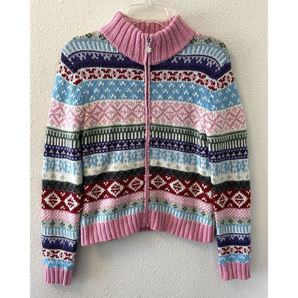 Vintage Y2K Cardigan Sweater Girls XL Fair Isle Full Zip Colorful Ski So Real